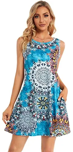 Bohemian Red Summer Dresses for Women Beach Floral Tshirt Sundress Sleeveless Pockets Casual Loose Tank Dress - elescat