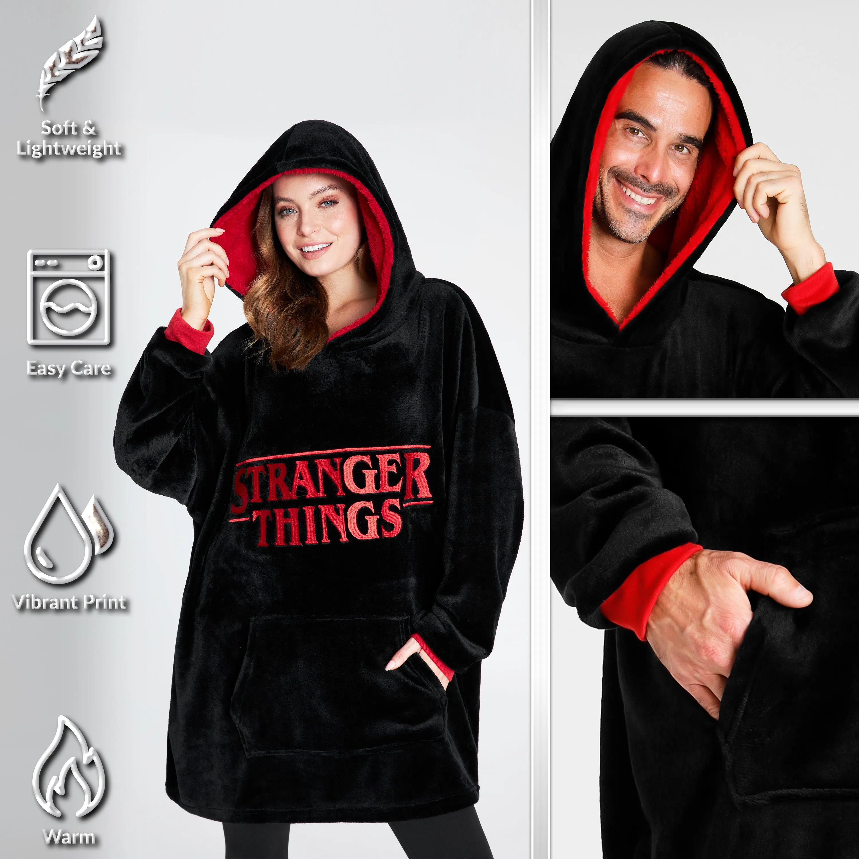 Stranger Things Blanket Hoodie for Adults - Black/Red